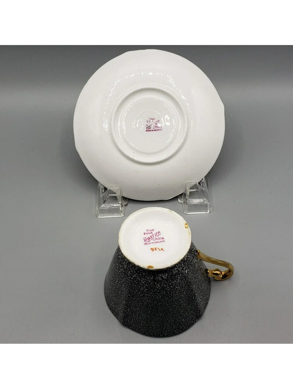 Vintage Roslyn Teacup & Saucer Fine Bone China Black Pink Tea Rose Elegant